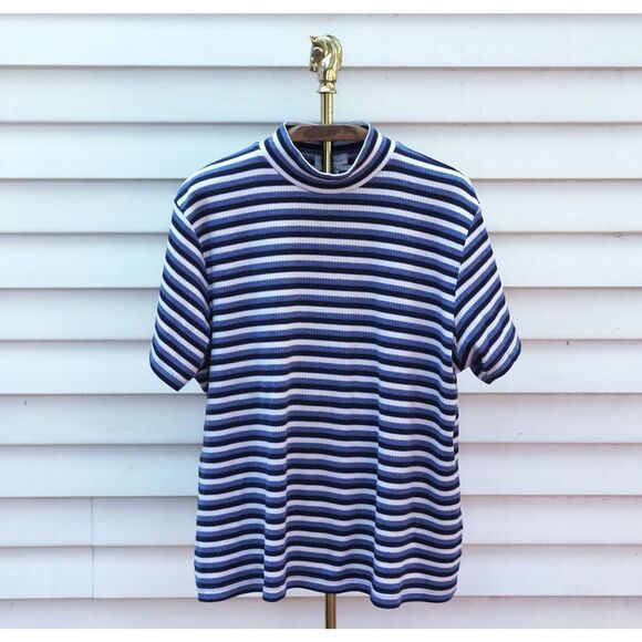 Vintage 90s Avenue Blue White Ribbed Mock Neck Short Sleeve Top - Picture 1 of 5